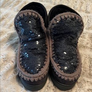 Mou Ankle Boots with Black Sequins and Gray Trim